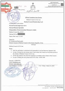 official translation from persian medical council membership card Farzad Faramarzigarousi, M. D. Internal Diseases Specialist,Subspecialist of Gastrointestinal Diseases in Adults